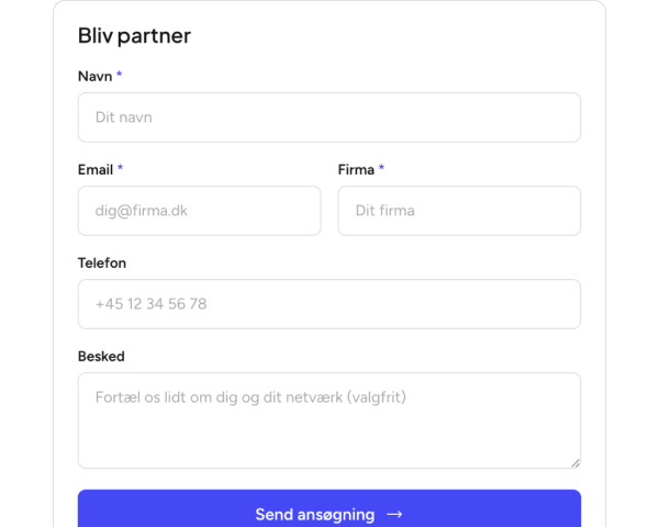 Partner-ansøgningsformular med navn, e-mail og firma