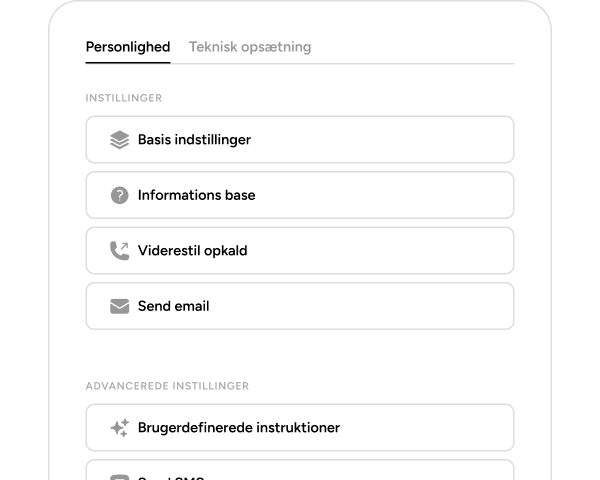 Indstillinger for personlighed og teknisk opsætning af agenten